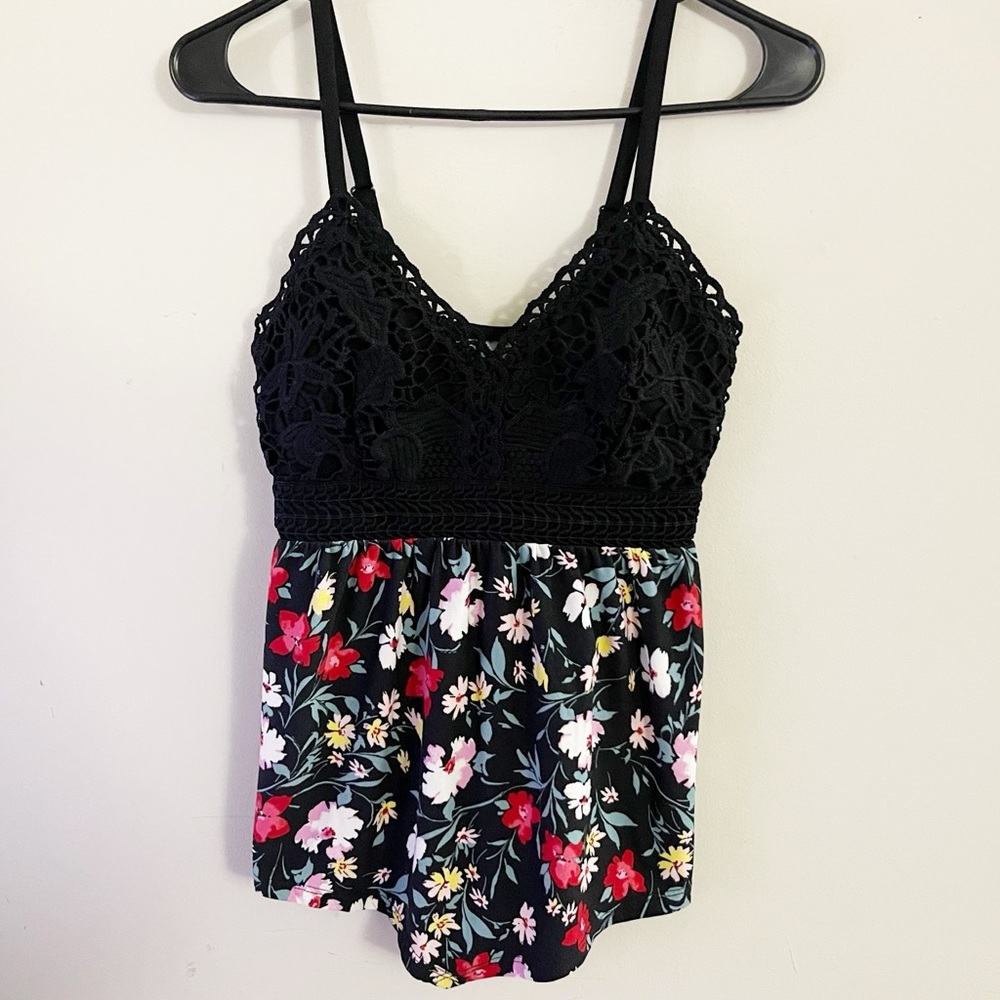 No Boundaries 90s Y2K Style Babydoll Black Floral Lace Top Fairy Boho Summer